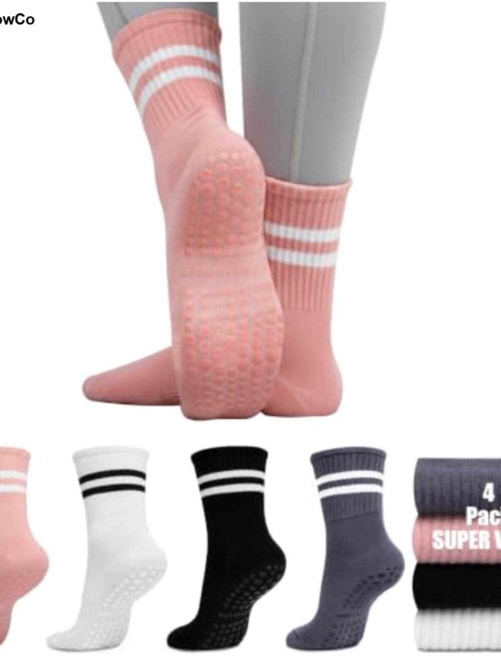 Non-Slip Pilates Socks with Grips for Women - Cotton Crew Yoga Socks 4 Pack